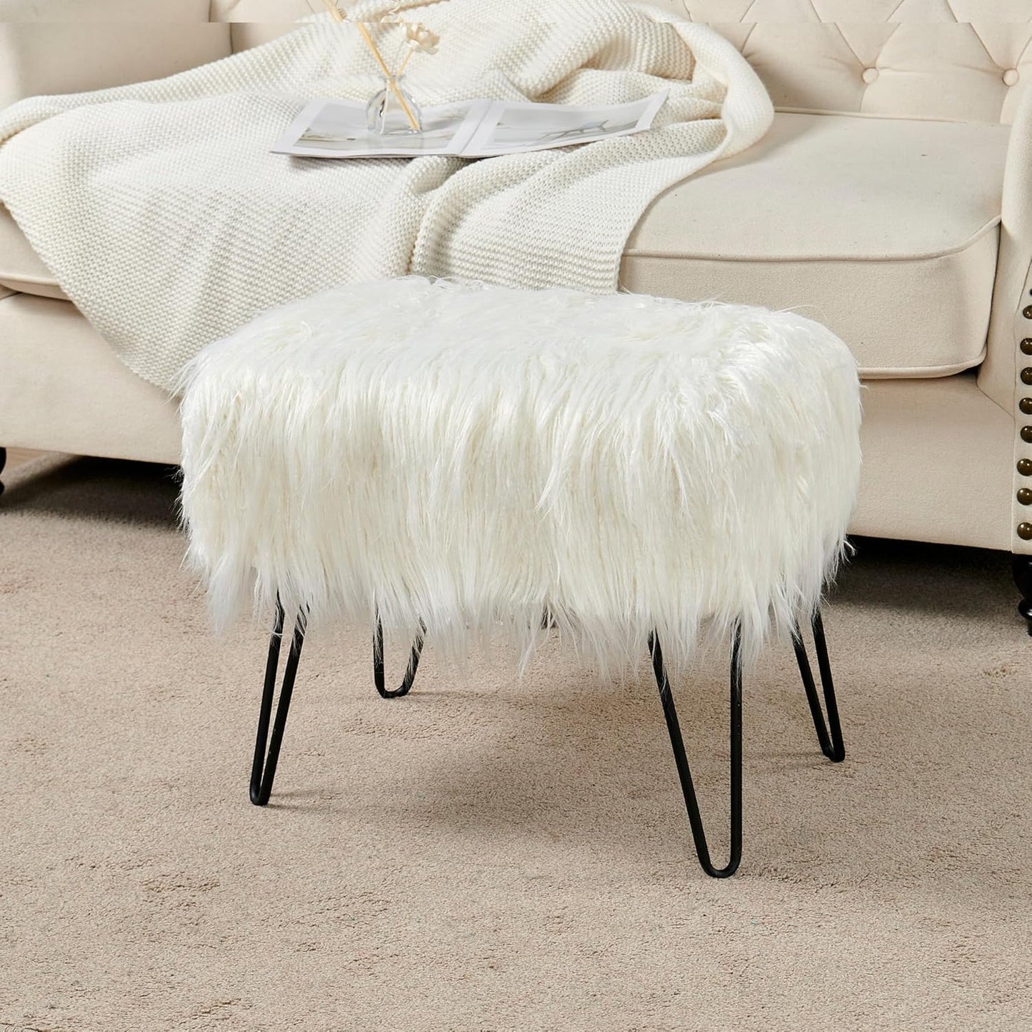 Home Soft Things Green Mongolian Faux Fur Ottoman, Desert Sage, 19'' x 13'' x 17'', Cozy Plush Fluffy Ottoman Foot Rest Stool for Living Room Bedroom Entryway Makeup Bench End of Bed Home Décor