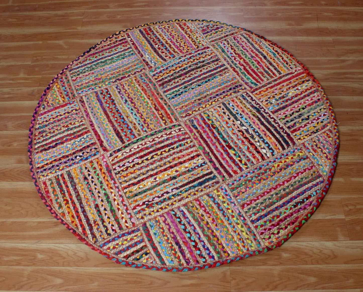 Collection Circle Area Rug - 3 x 3 Ft' Beige and Black Geometric Pettern Jute Mat Ideal for High Traffic Area in Hallway Bedroom Living Room Dining Room Kitchen Terrace Yoga Mat