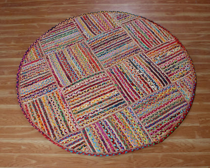 Collection Circle Area Rug - 3 x 3 Ft' Beige and Black Geometric Pettern Jute Mat Ideal for High Traffic Area in Hallway Bedroom Living Room Dining Room Kitchen Terrace Yoga Mat