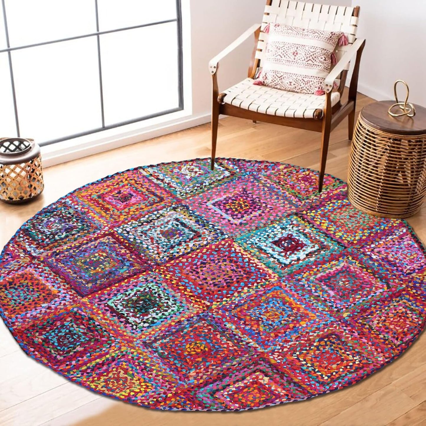 Collection Circle Area Rug - 3 x 3 Ft' Beige and Black Geometric Pettern Jute Mat Ideal for High Traffic Area in Hallway Bedroom Living Room Dining Room Kitchen Terrace Yoga Mat