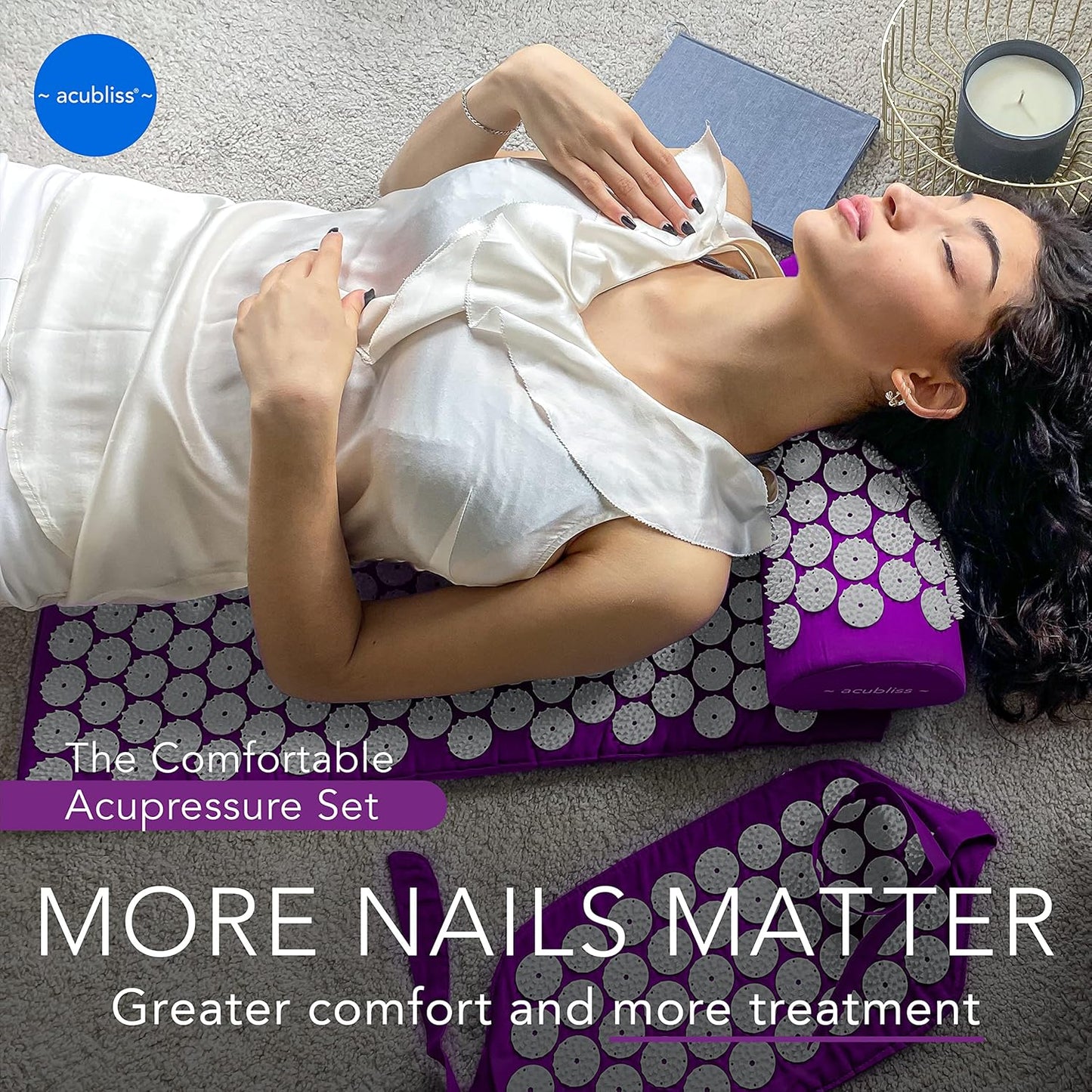 Premium Acupressure Mat, Strap & Pillow 3 piece Gift Set, 12,348 Acupuncture Pressure Points for Back Pain Relief, Increased Energy, Relaxation, Drawstring Bag, Deep Blue