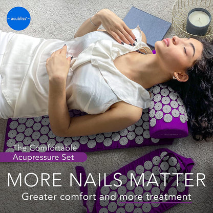Premium Acupressure Mat, Strap & Pillow 3 piece Gift Set, 12,348 Acupuncture Pressure Points for Back Pain Relief, Increased Energy, Relaxation, Drawstring Bag, Deep Blue