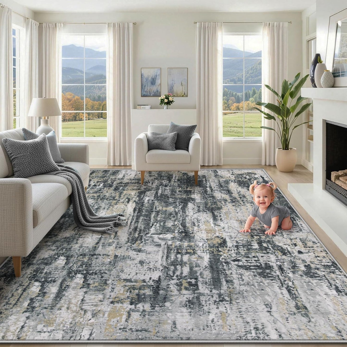 XLUEZ 8x10 Area Rugs for Living Room, Washable Modern Abstract Large Area Rug Neutral Soft Non Slip Kids Rug Stain Resistant Indoor Carpet for Bedroom Nursery Dining Children's Room(Blue, 8'x10')