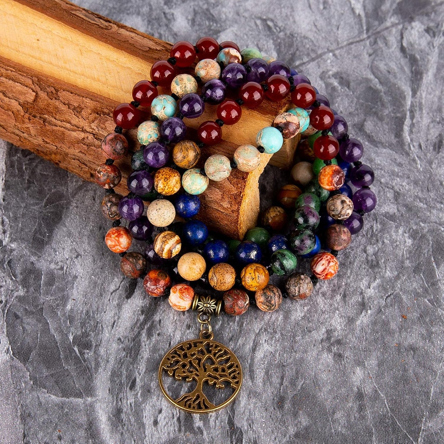Bivei 7 Chakra 108 Mala Beads Bracelet Real Gemstone Yoga Meditation Hand Knotted Mala Prayer Bead Necklace