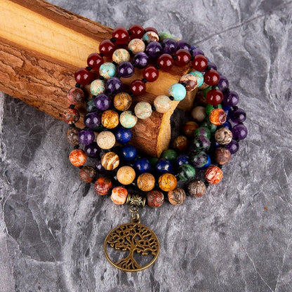 Bivei 7 Chakra 108 Mala Beads Bracelet Real Gemstone Yoga Meditation Hand Knotted Mala Prayer Bead Necklace