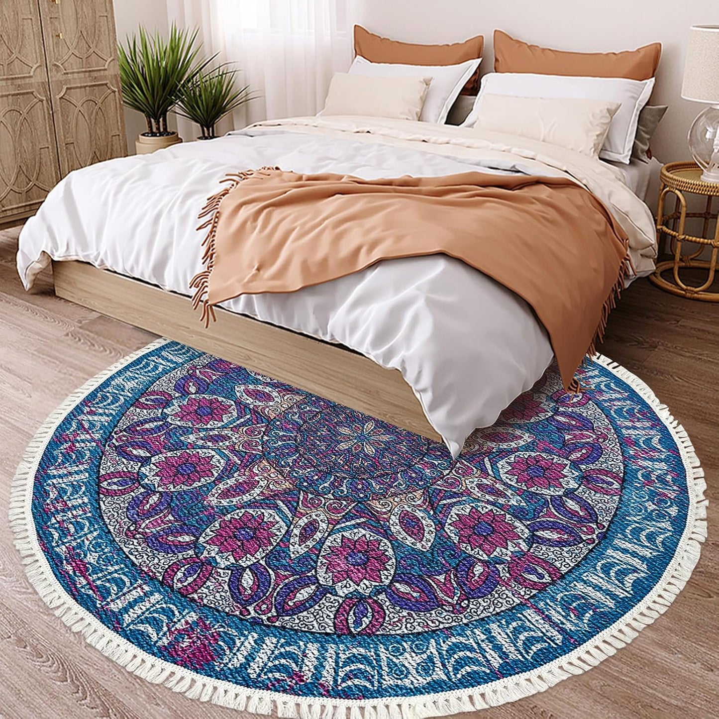 Boho Rug 5Ft Round Bedroom Carpet Circle Nonslip Farmhouse Area Rug Rustic Mandala Floor Mat for Living Room Locker Room Tassel Yoga Throw Rugs Washable Doormat, Purple
