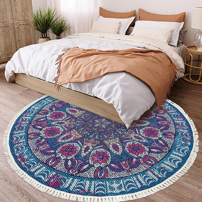 Boho Rug 5Ft Round Bedroom Carpet Circle Nonslip Farmhouse Area Rug Rustic Mandala Floor Mat for Living Room Locker Room Tassel Yoga Throw Rugs Washable Doormat, Purple