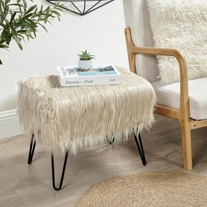 Home Soft Things Green Mongolian Faux Fur Ottoman, Desert Sage, 19'' x 13'' x 17'', Cozy Plush Fluffy Ottoman Foot Rest Stool for Living Room Bedroom Entryway Makeup Bench End of Bed Home Décor