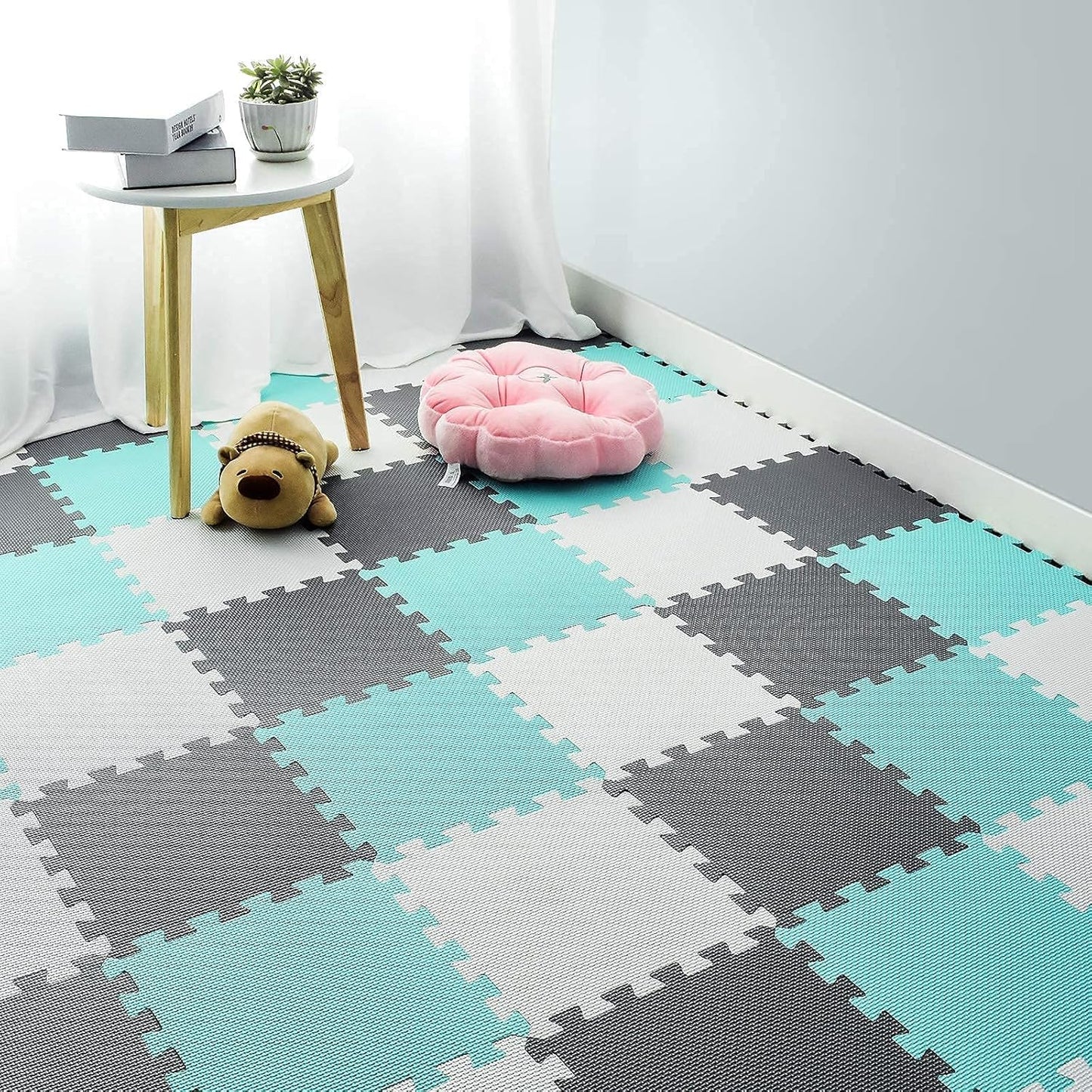 qqpp EVA Rubber 18 Tiles Interlocking Puzzle Foam Floor Mats - Baby Play Mat for Playing | Exercise Mat for Home Workout. White, Pink, Gray. QC-ACLb18N