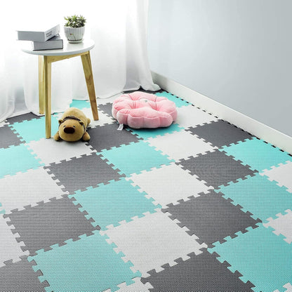 qqpp EVA Rubber 18 Tiles Interlocking Puzzle Foam Floor Mats - Baby Play Mat for Playing | Exercise Mat for Home Workout. White, Pink, Gray. QC-ACLb18N