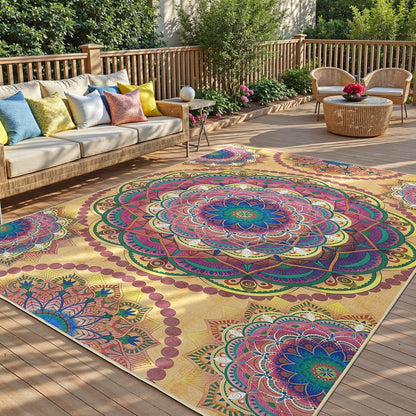 Arenarug Meditation Indoor Outdoor Rug 5x8 ft Mandala Pattern Rug Boho Style,Yoga Meditation Mat Picnic Rug for Patio Living Room Porch Garden Deck Backyard Easy to Clean Non Shedding Non-Slip