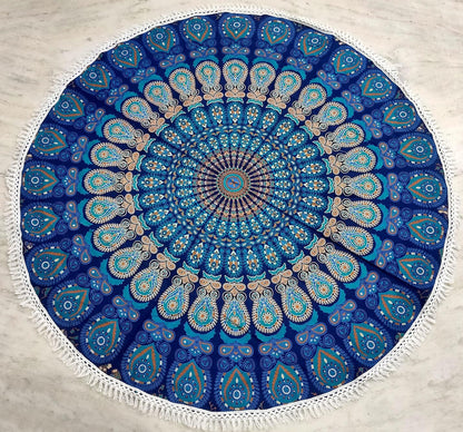 Mandala Round Beach Tapestry Boho Hippie Blanket Bohemian Large Table Cloth Home Decor Yoga Mat Meditation Picnic Rug Throw Hippy Gypsy Tablecloth Roundie (42 Inches, Orange And Blue)