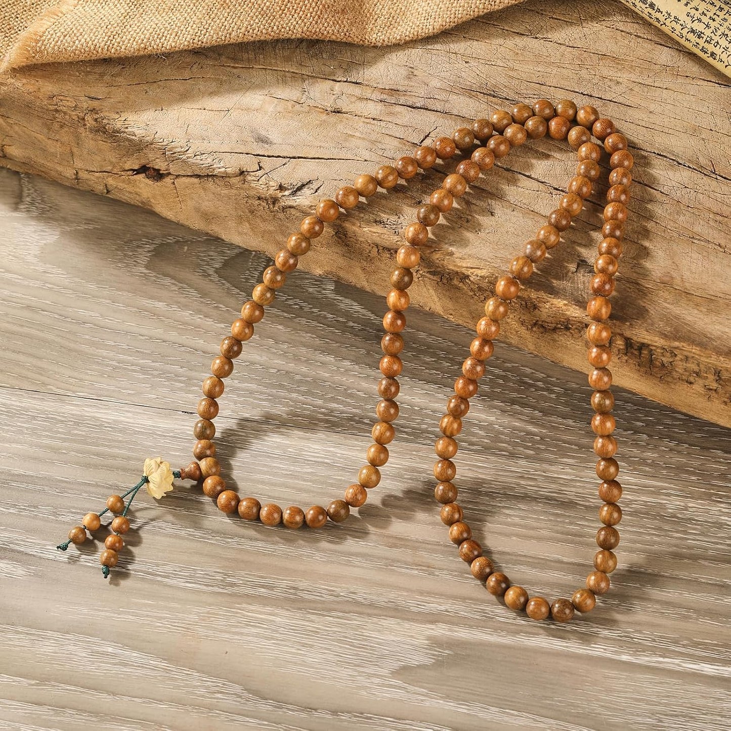 Natural Green Sandalwood 108 Mala Bead Necklace Buddhist Prayer Beads for Meditation or Yoga