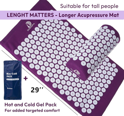 Acupressure Mat & Pillow Set – Extra-Long 29” Acupressure Therapy for Back & Neck Pain Relief, Sciatica, Stress Relief & Sleep Support – Includes Carry Bag & Hot/Cold Pack (Purple)