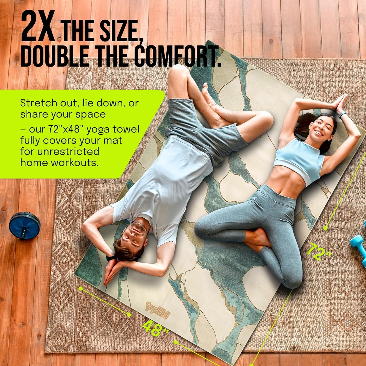gogoKIWI Large Yoga Towel 72"x48" - Non-Slip Hot Yoga Towel with Corner Pockets & Full Silicone Backing, Printed Carpet-Style Design for Home Workouts, Pilates & Yoga
