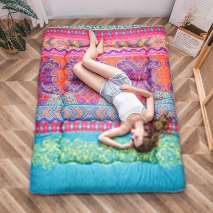 MAXYOYO Bohemian Retro Mattress Boho Floral Japanese Futon Mattress Tatami Floor Mat Foldable Portable Camping, Sleeping Pad, Lounger Couch Bed Full Size