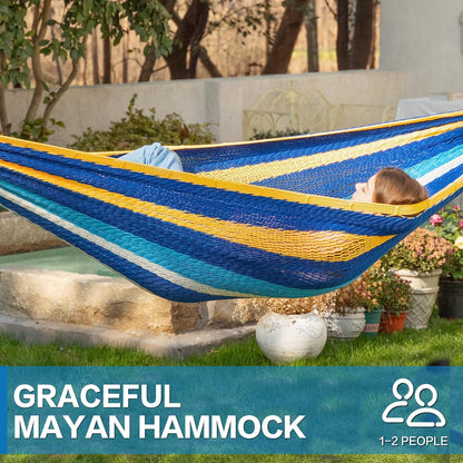 PNAEUT Handwoven Mayan Hammocks, Double Rope Hammock for Outdoor Outside & Indoor, Thick Soft 600 lbs Capacity Heavy-Duty, Includes Tree Straps, Carabiners & Carrying Bag (Nature, X-Large)