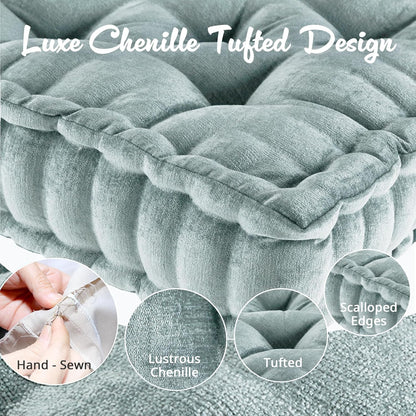 Intelligent Design Large Floor Pillow for Adults Yoga or Meditation Cushion with Handle, Floor Cushion for Board Games, Lustrous Chenille Tufted, Handsewn Scalloped Edge, Azza, 24" x 24" x 5" Yellow