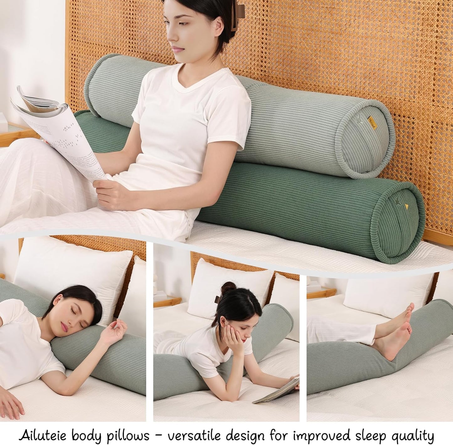 Corduroy Body Pillow, Round Bolster Cylinder Pillow for Adults, Soft Long Support Pillow for Bed & Sofa, Removable Washable Cover,59 x 7.87 Inches,Peacock Blue