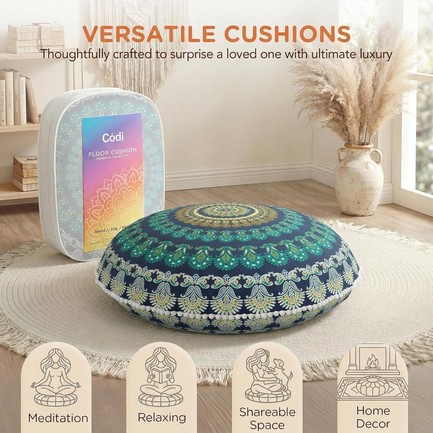Codi Meditation Floor Pillow Set of 2, Round Large Pillows Seating for Adults, Bohemian Mandala Circle Cushion for Outdoor Fireplace Yoga Living Room, 32 Inch, Memory Foam Added, Purple Orchid NEW