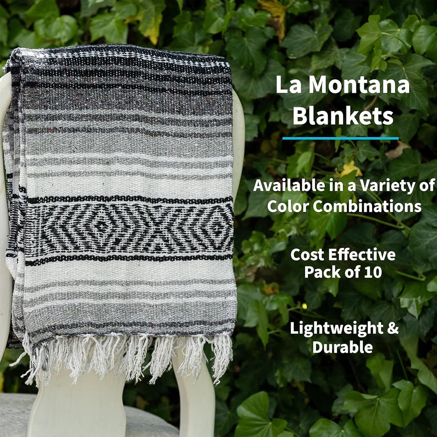 La Montana Authentic Mexican Blanket (10-Pack) - 74in x 50in Woven in Mexico - Falsa Throw for Yoga Studio, Picnic/Camping/Beach, Saddle Blanket, Bed/Home Decor (Assorted Neutrals)