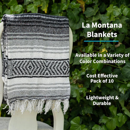 La Montana Authentic Mexican Blanket (10-Pack) - 74in x 50in Woven in Mexico - Falsa Throw for Yoga Studio, Picnic/Camping/Beach, Saddle Blanket, Bed/Home Decor (Assorted Neutrals)