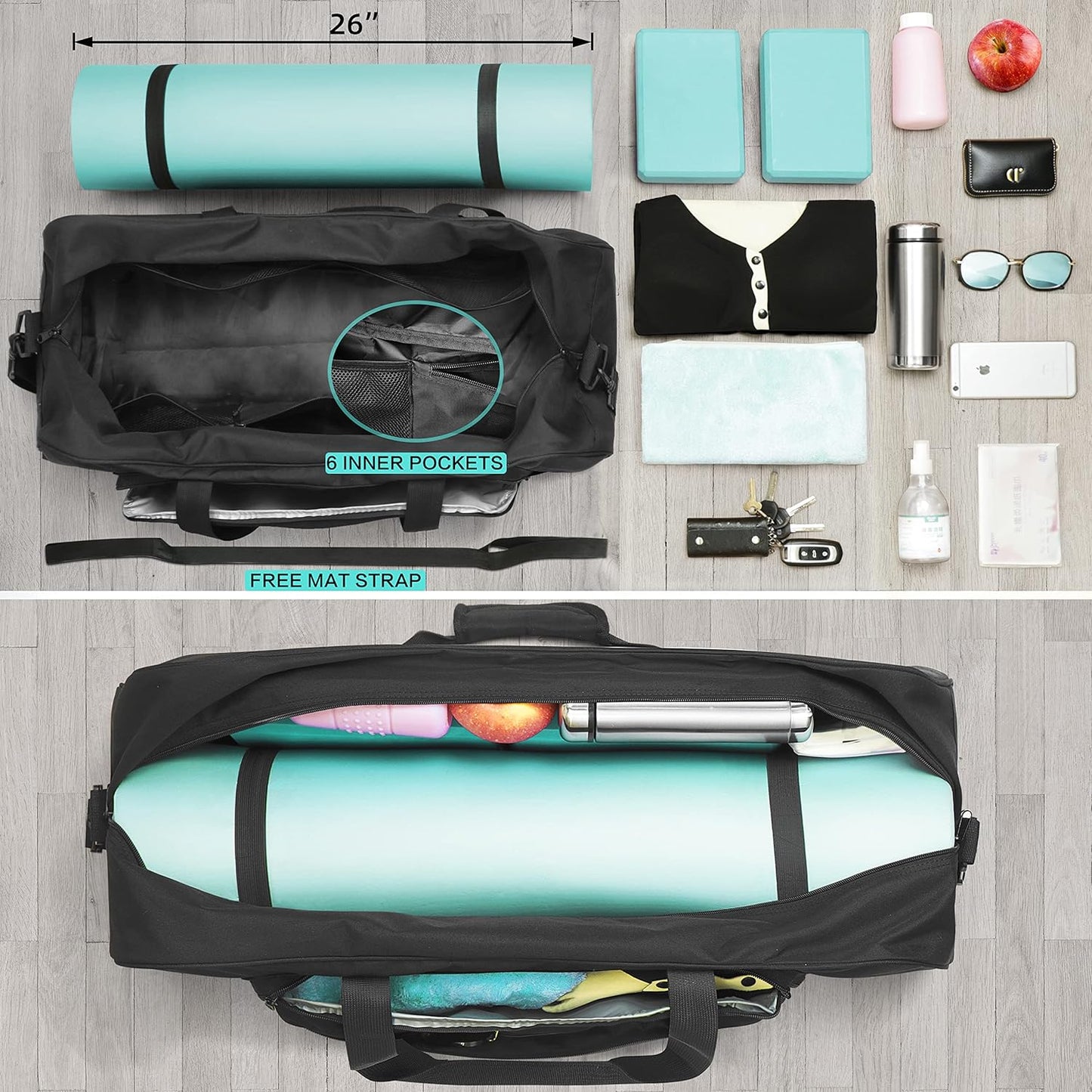 Yoga Mat Bag Carrier with 8-Pocket & Wet Pocket, Air Vent | Large Yoga Mat Holder Fits Thick Mats & Blocks | Gym Duffle Bag for Women & Men