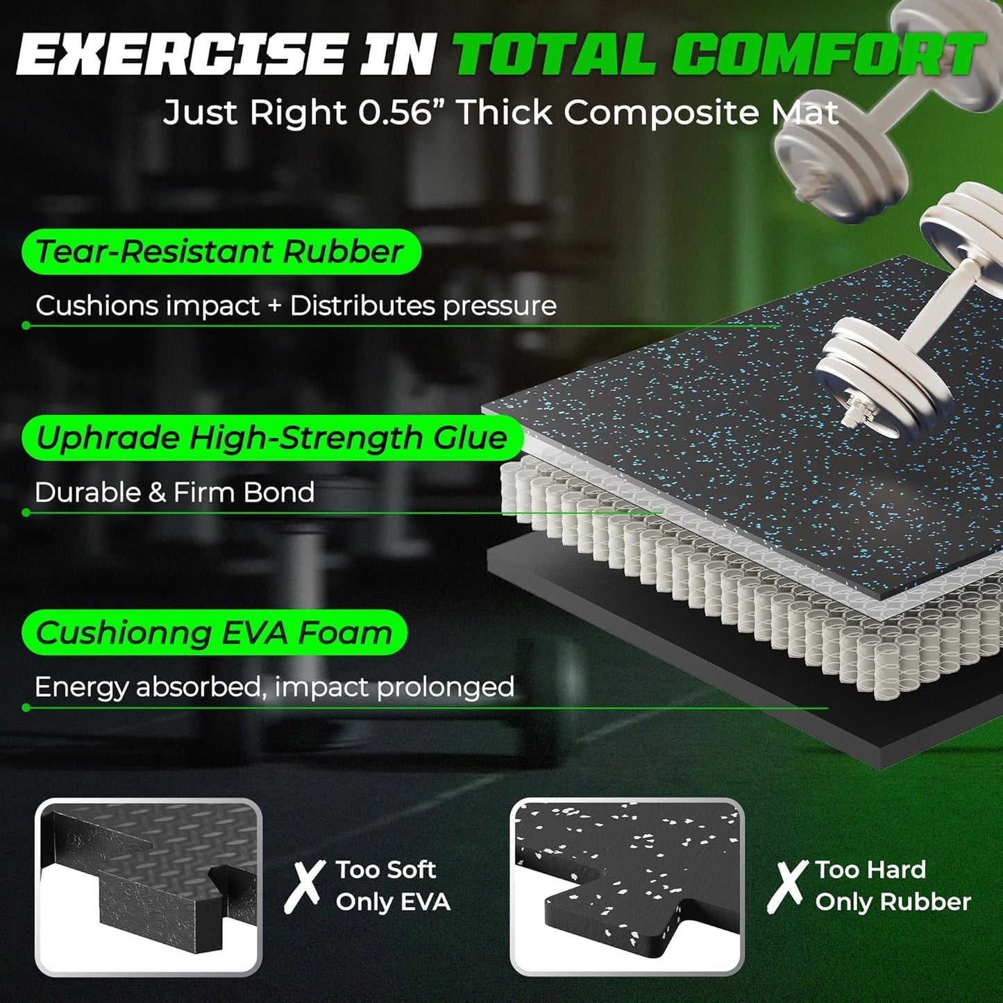 PRAISUN 0.56" Rubber Top Gym Flooring, Heavy Duty Interlocking Gym Mats for Home Gym, Non-Slip Workout Mat, 24 x 24in Large Gym Floor Mat, Protect Floors from Weights & Equipment, 48 Sq Ft, Black/Grey