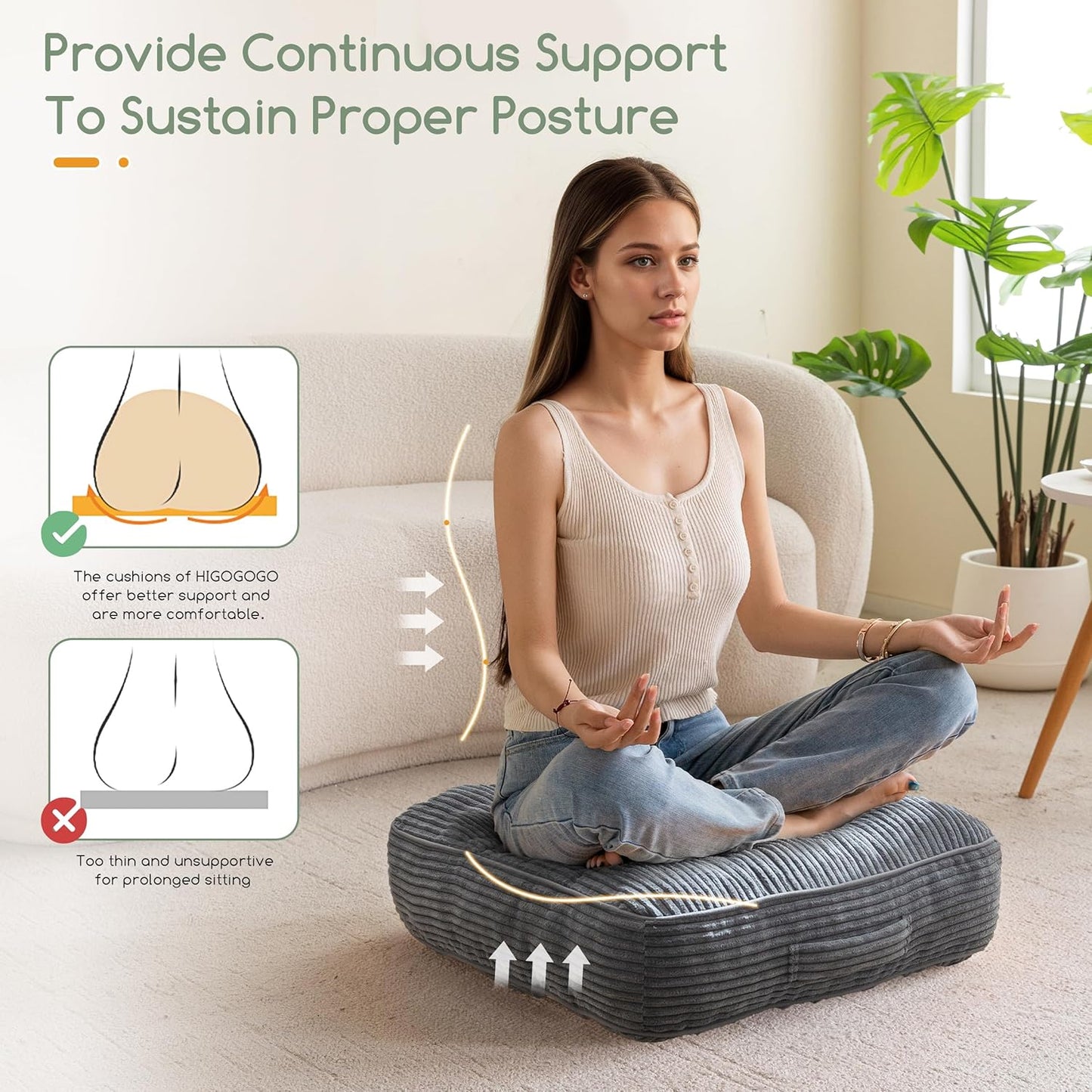 HIGOGOGO Floor Pillow Cushion for Adults, Meditation Cushion Pillow, Large Square Floor Sitting, Tufted Corduroy Cover, for Tatami Living Room or Yoga, 22x22 Inch, Dark Grey