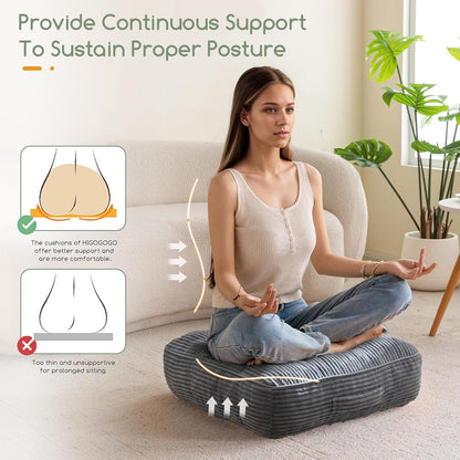 HIGOGOGO Floor Pillow Cushion for Adults, Meditation Cushion Pillow, Large Square Floor Sitting, Tufted Corduroy Cover, for Tatami Living Room or Yoga, 22x22 Inch, Dark Grey
