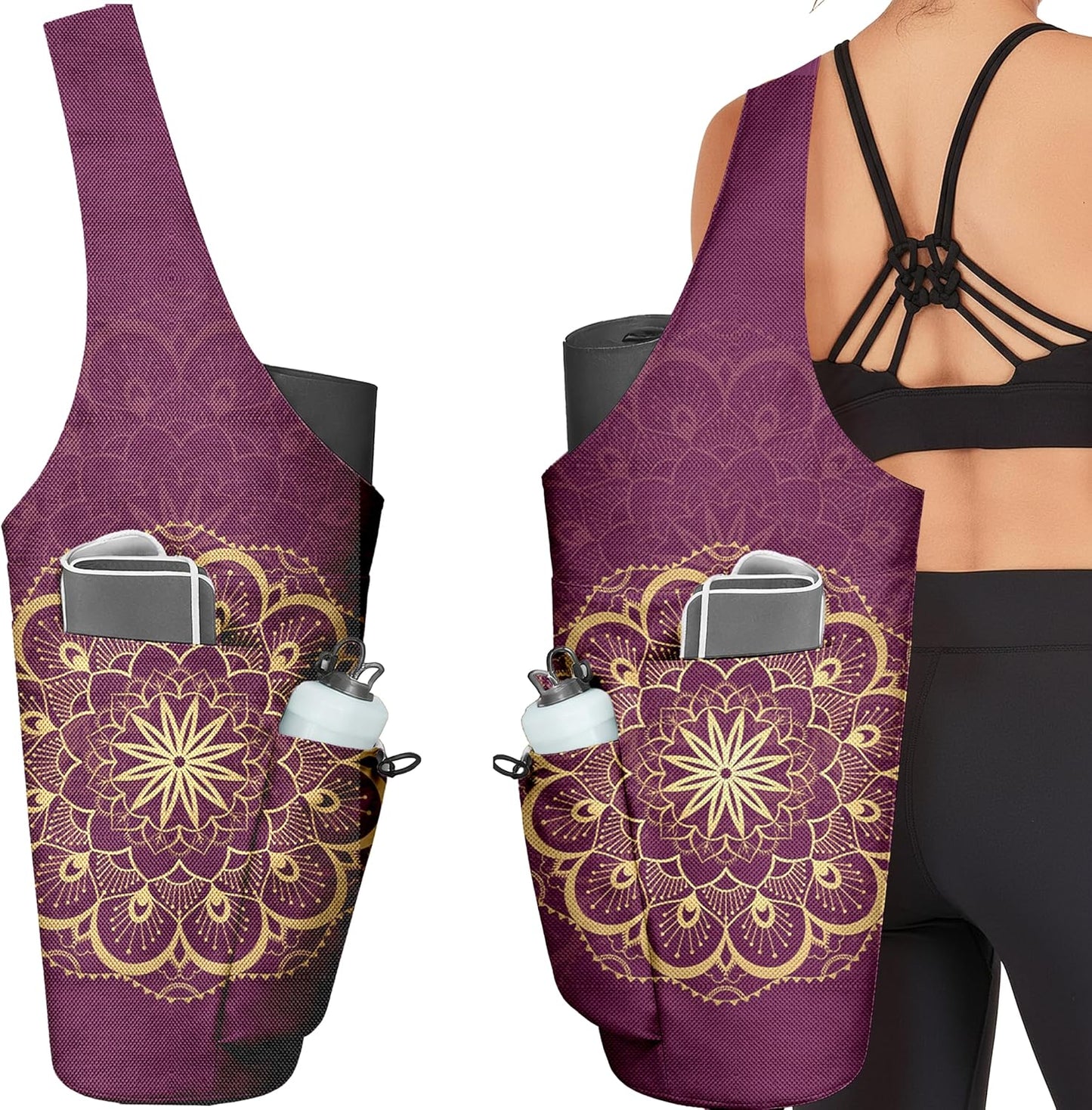 Yoga Bag for Women, Large Yoga Mat Bag Tote Carrier with Wet Dry Pocket, Water Bottle Holder & Adjustable Strap, Fits 1/2" Thick Yoga Mat for Gym, Pilates, Travel, Work