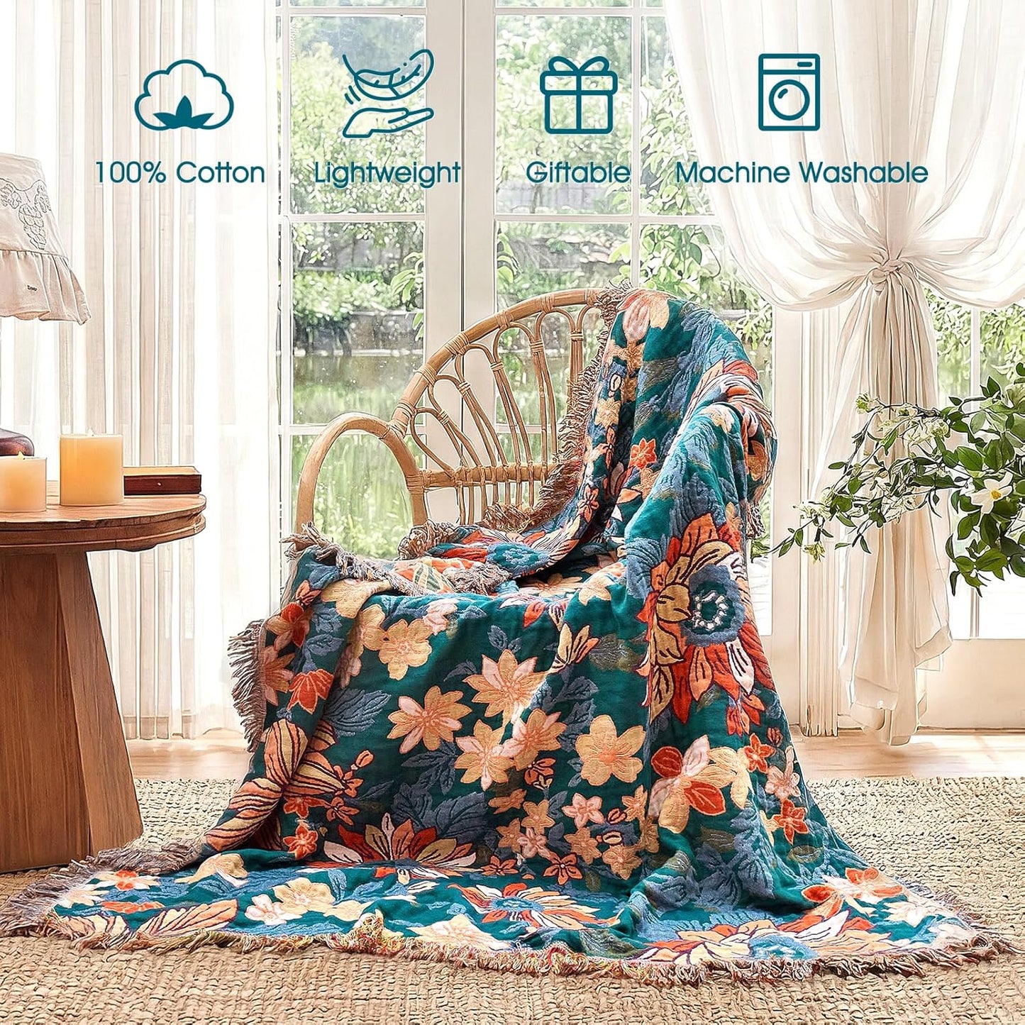 Boho Throw Blanket - 100% Cotton Soft Summer Throw Blanket for Bed, 50"x60" Reversible Breathable Lightweight Blankets, All Seasons Farmhouse Decor Floral Plant Butterfly Throw Quilt