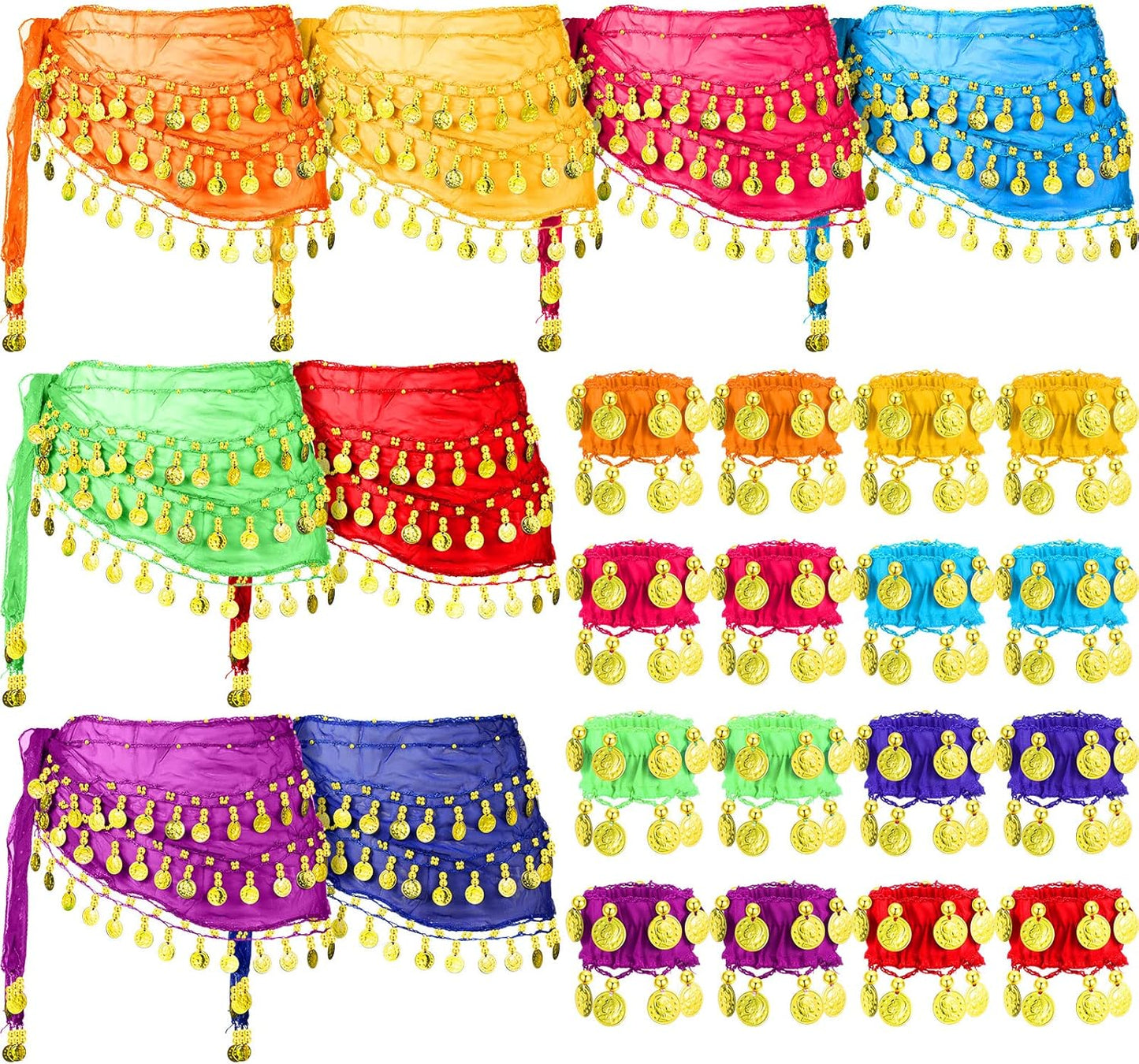 Vicenpal 24 Pieces 8 Colors Belly Dance Hip Scarf and Belly Dance Wrist Ankle Cuffs Bracelets Skirt Coin Scarf Bangles for Women Bellydance Yoga Multicolor