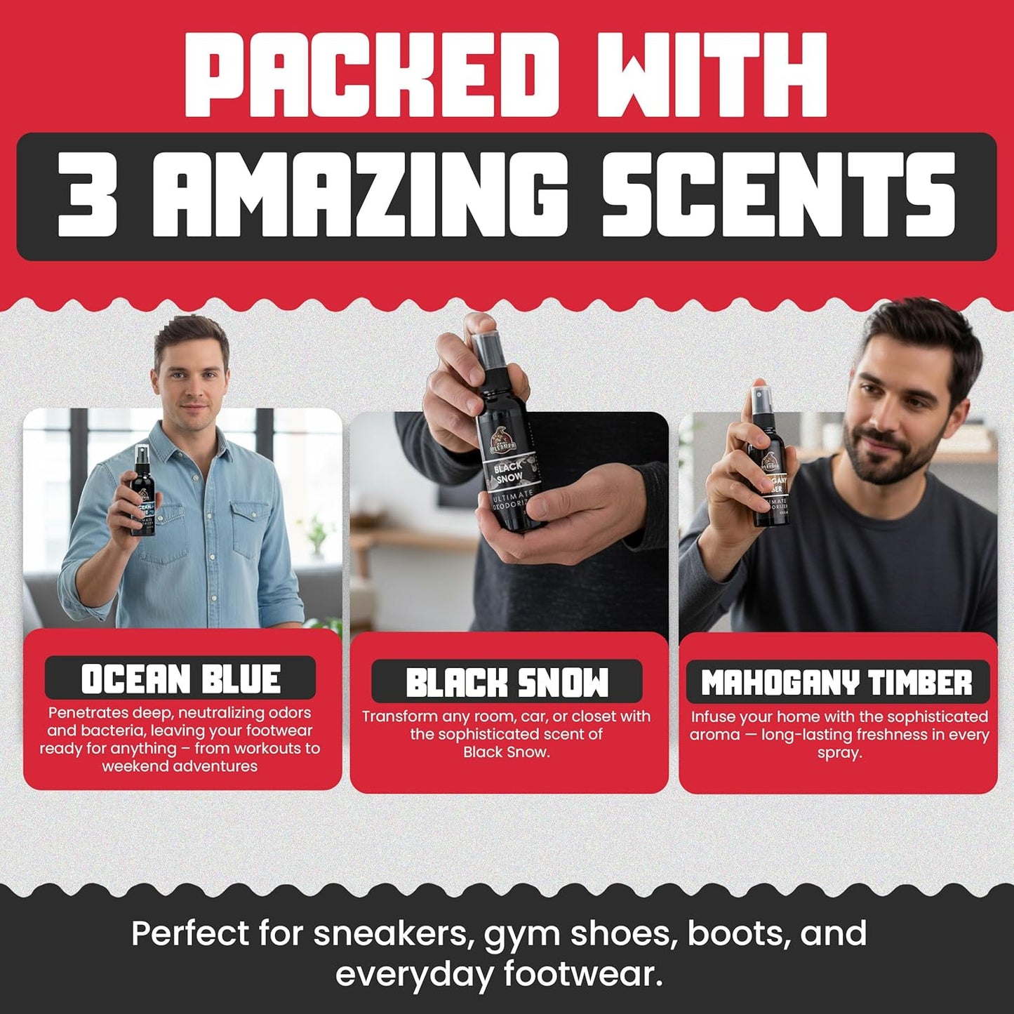 Shoe Deodorizer Spray - Shoe Refresher: Black Snow, Mahogany Timber & Ocean Blue - Shoe Odor Eliminator for Sneakers, Gym Bags & Lockers - Men’s Deodorant Spray by Combat Cleaner