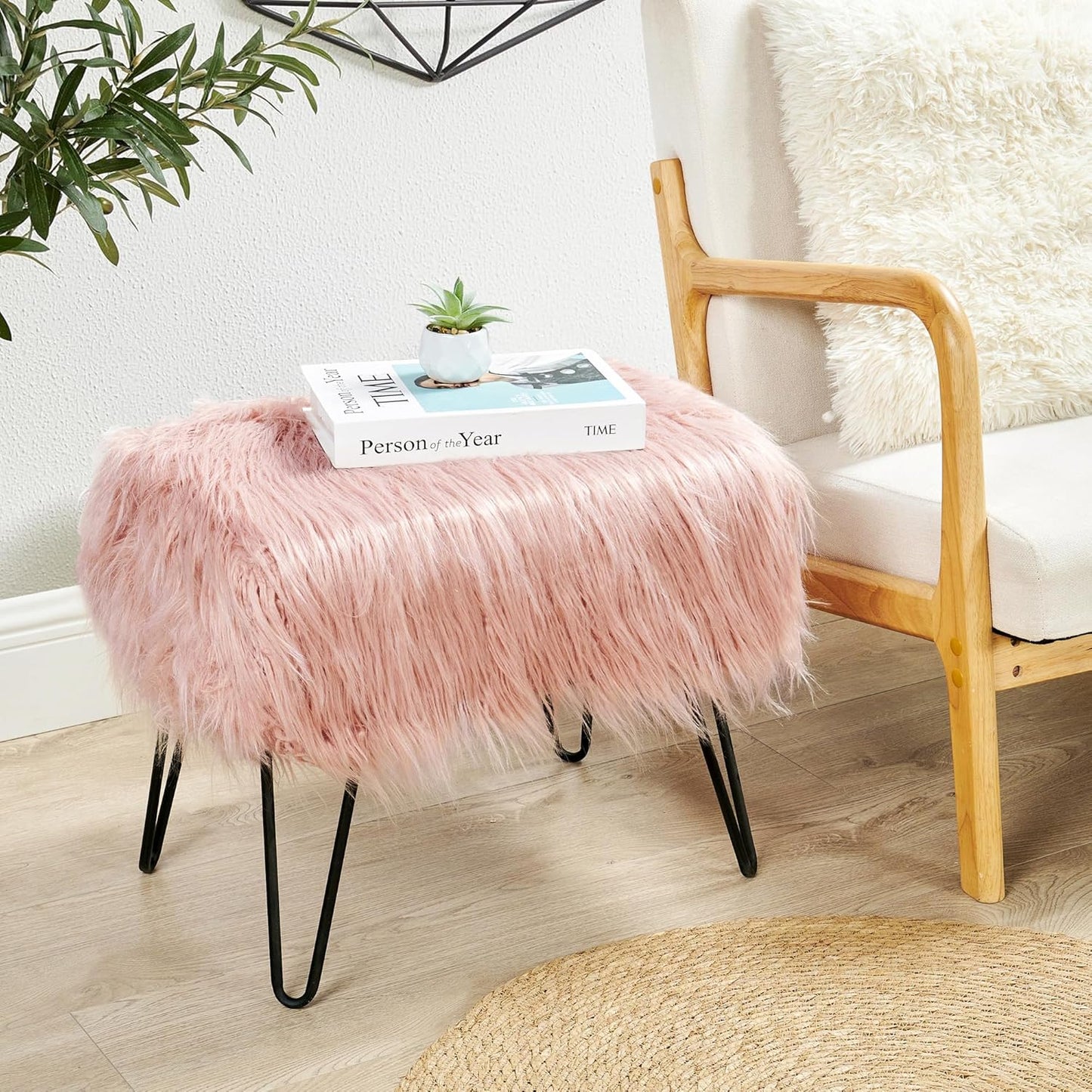 Home Soft Things Green Mongolian Faux Fur Ottoman, Desert Sage, 19'' x 13'' x 17'', Cozy Plush Fluffy Ottoman Foot Rest Stool for Living Room Bedroom Entryway Makeup Bench End of Bed Home Décor