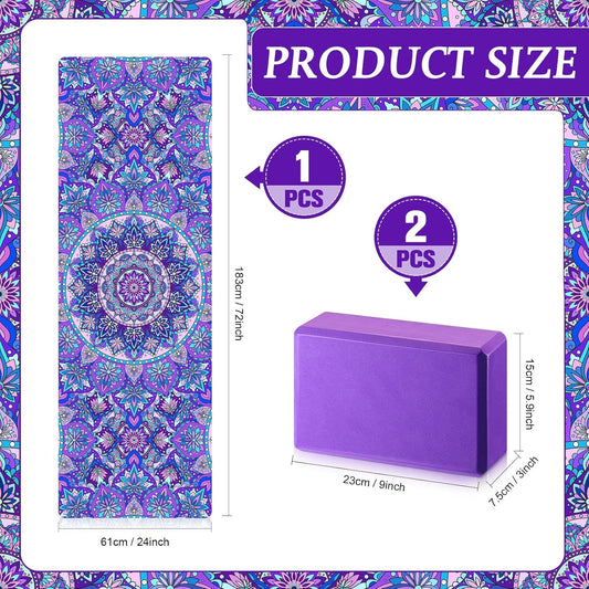 Tinideya 3 Pcs Yoga Mat Yoga Block 6 MM Thick Yogas Mat Non Slip with Carrying Strap Travel Mats for Exercise, Fitness, Pilates, Floor Workouts
