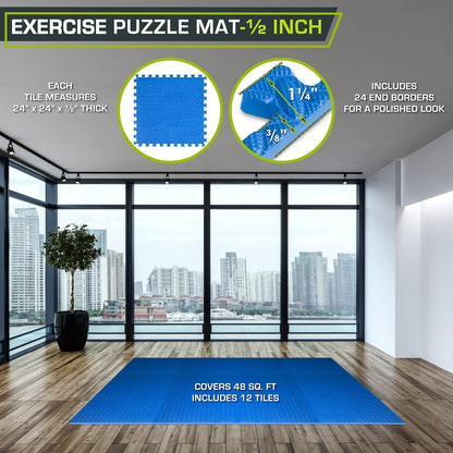 ProsourceFit Exercise Puzzle Mat ½-inch, EVA Interlocking Foam Floor Tiles for Home Gym, Workout Equipment, Kids Play Areas, Black, 24 SQ FT - 6 Tiles