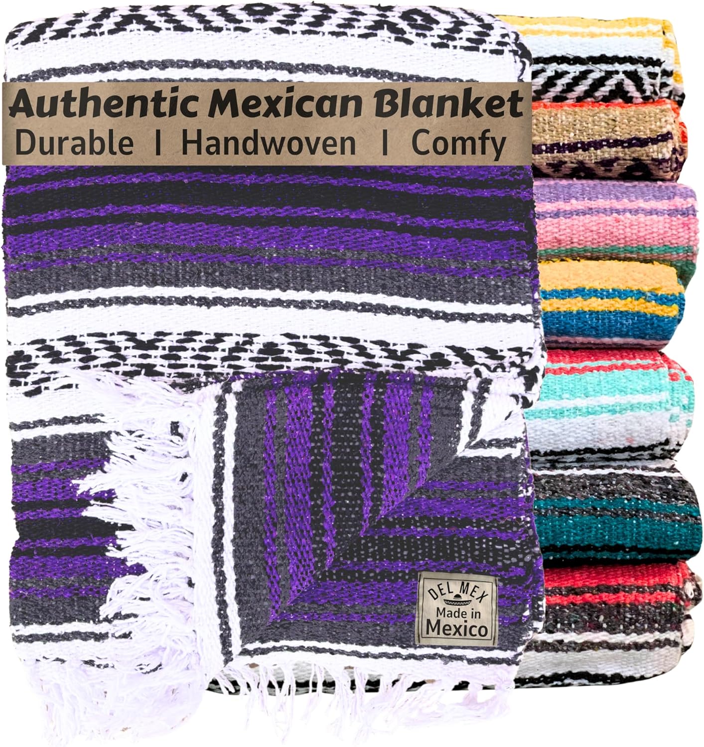 Del Mex Classic Mexican Blanket, Large Authentic Woven Falsa Throw (70"x50"), Artisan Southwest Décor for Beach, Yoga, Outdoors (Lavender)