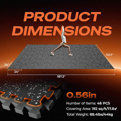 SUPERJARE 0.56'' Thick 12 Pcs 48 Sq Ft Rubber Top Exercise Equipment Mats, High Density EVA Foam Mats with Rubber Top, Interlocking Gym Flooring for Home Gym, Protective Workout Mat, Black/Grey