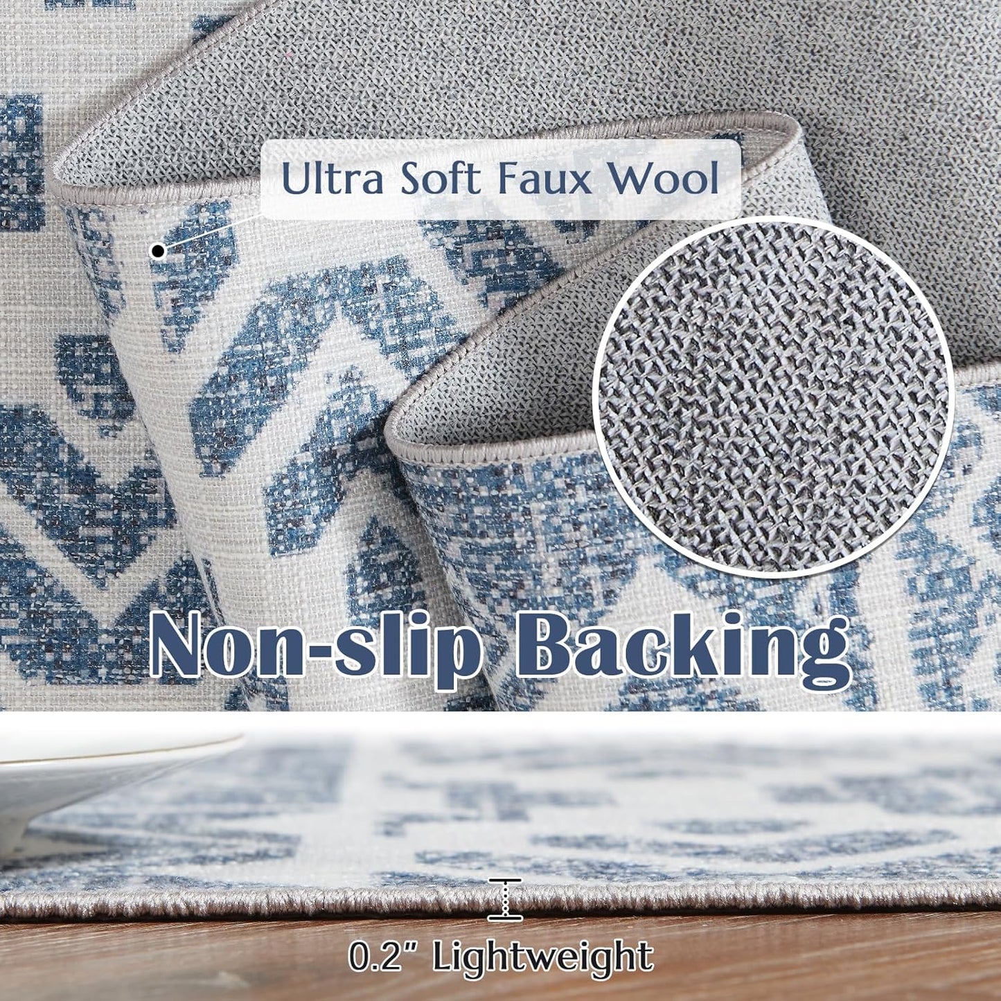 jinchan Area Rug 4x6 Ultra-Thin Washable Vintage Boho Geometric Entryway Rug Non-Slip Non-Shedding Carpet for Living Room Bedroom Blue Ivory