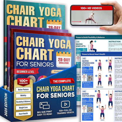 Chair Yoga for Seniors Over 60 Chart 4 Book Set – Chair Yoga Book with 102 Easy Chair Exercises for Seniors included Full HD Videos Instruction, Chair Yoga Chart for Seniors for Balance & Weight Loss