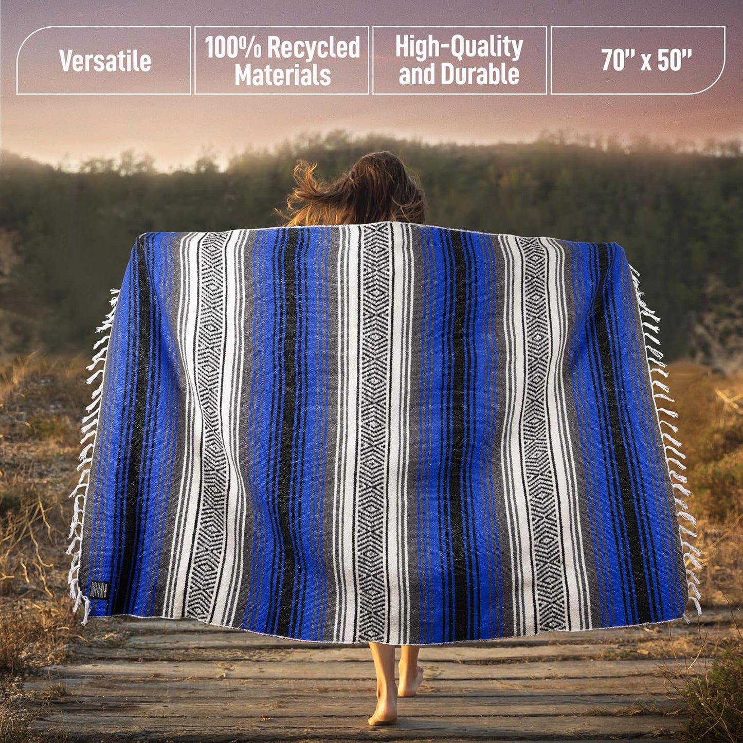 Hydration Nation Authentic Large Handwoven Mexican Blanket - Soft Yoga - Durable Serape - Lightweight Falsa, Beach, Camping, Picnic, Outdoor 70"x50" - Mandarin