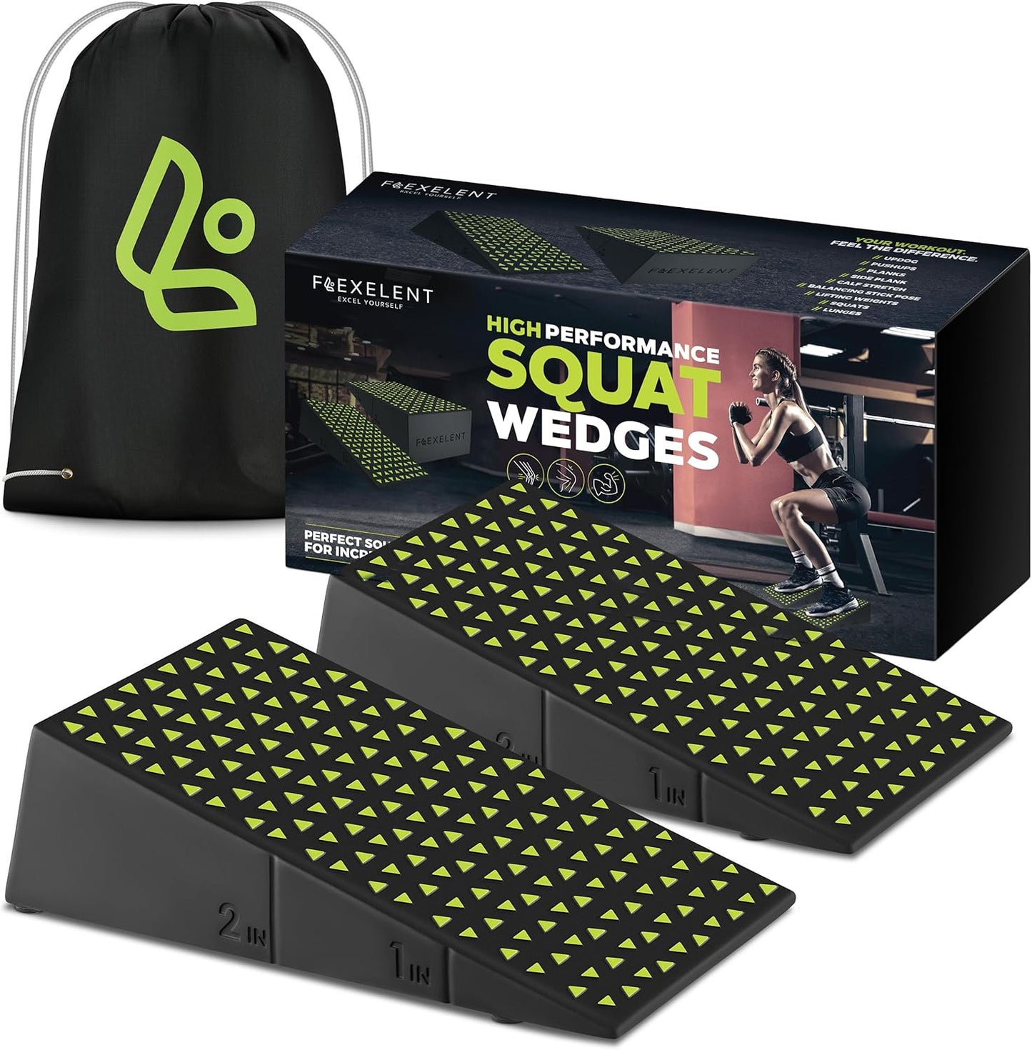 Flexelent Squat Wedge Block Pair - Heel Elevated Squat Wedge for Deeper Squats, Heavy Lifting and Better Form - 17° Angle Exercise Wedges, Slant Board for Squats with Carry Backpack