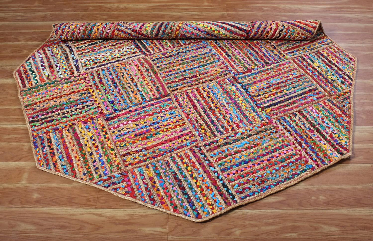 Collection Circle Area Rug - 3 x 3 Ft' Beige and Black Geometric Pettern Jute Mat Ideal for High Traffic Area in Hallway Bedroom Living Room Dining Room Kitchen Terrace Yoga Mat