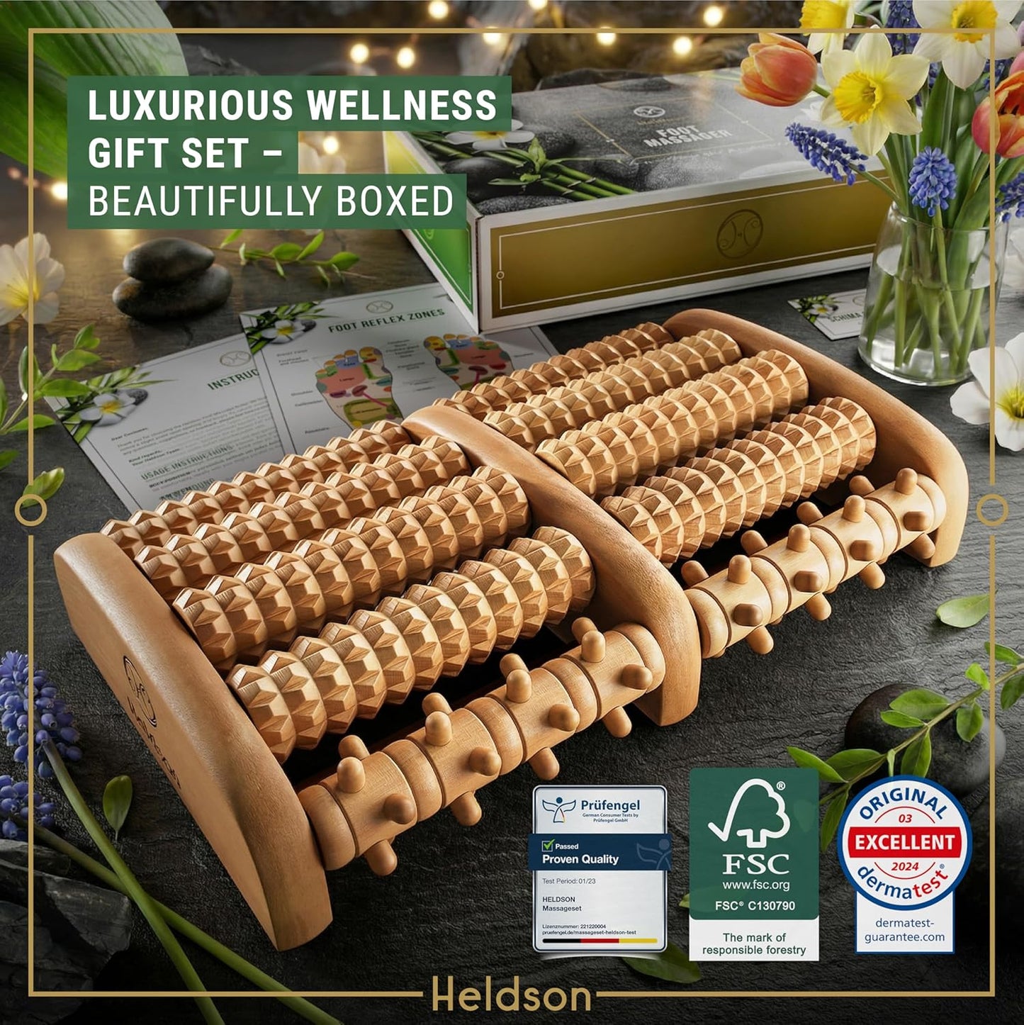 HELDSON® Foot Massager Roller Plantar Fasciitis Pain Relief - Wooden Under Desk Feet Massage - Dual Manual Heel Massagers - Wood Rolling Acupressure Tool with Reflexology Guide - Gift for Men, Women
