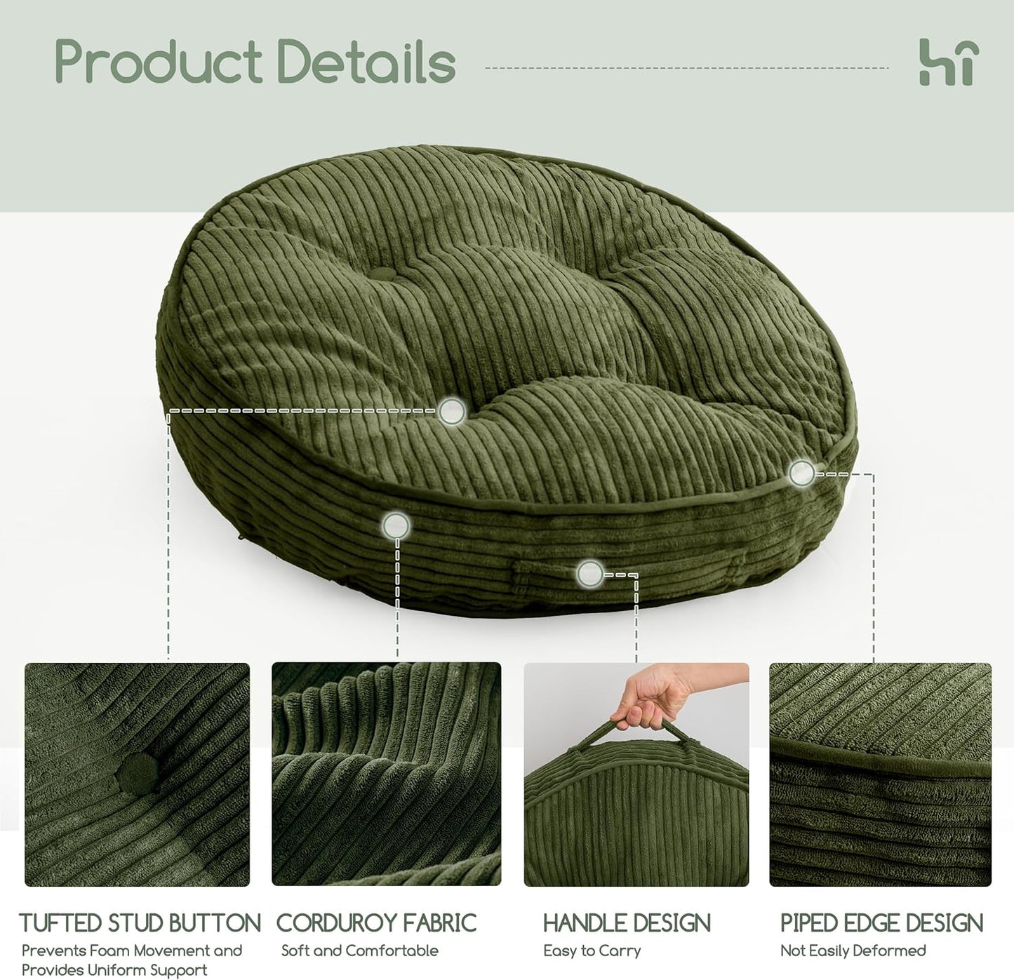 HIGOGOGO Floor Pillow Cushion for Adults, Meditation Cushion Pillow, Large Square Floor Sitting, Tufted Corduroy Cover, for Tatami Living Room or Yoga, 22x22 Inch, Dark Grey