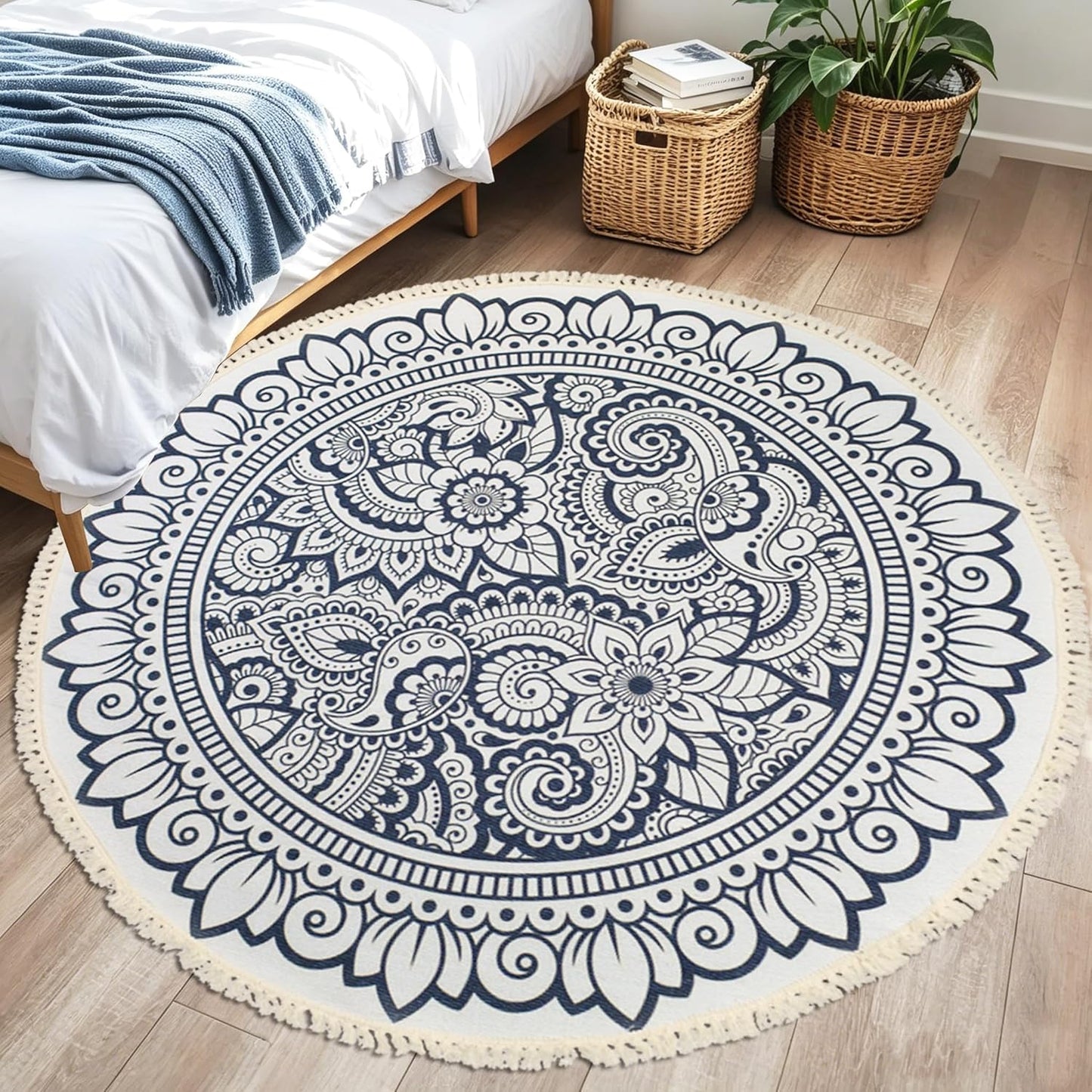 Boho Rug 5Ft Round Bedroom Carpet Circle Nonslip Farmhouse Area Rug Rustic Mandala Floor Mat for Living Room Locker Room Tassel Yoga Throw Rugs Washable Doormat, Purple