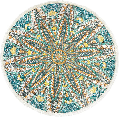 Boho Rug 5Ft Round Bedroom Carpet Circle Nonslip Farmhouse Area Rug Rustic Mandala Floor Mat for Living Room Locker Room Tassel Yoga Throw Rugs Washable Doormat, Purple