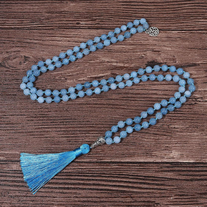 108 Mala Beads Necklace Semi-Precious Gem Stones Meditation Necklace 108 Hand Knotted Japa Mala Beaded Tassel Necklace with Tree of Life Pendant