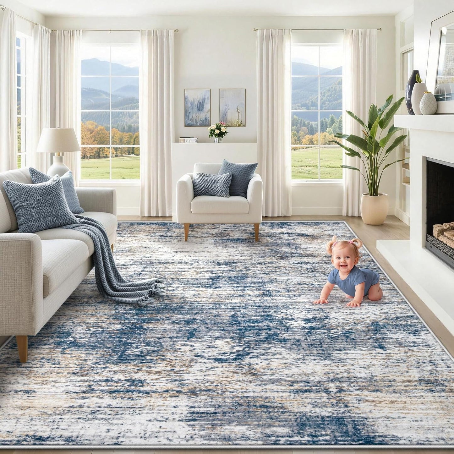 XLUEZ 8x10 Area Rugs for Living Room, Washable Modern Abstract Large Area Rug Neutral Soft Non Slip Kids Rug Stain Resistant Indoor Carpet for Bedroom Nursery Dining Children's Room(Blue, 8'x10')